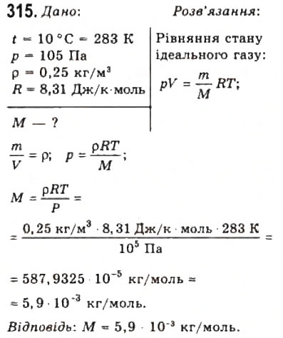 Завдання № 315 - Розділ 4. ВЛАСТИВОСТІ ГАЗІВ, РІДИН, ТВЕРДИХ ТІЛ - ГДЗ Фізика 10 клас В.Д. Сиротюк, В.І. Баштовий 2010 - Рівень стандарту