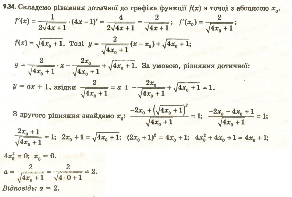 Завдання № 34 - 9. Рівняння дотичної - ГДЗ Алгебра 11 клас А.Г. Мерзляк, Д.А. Номіровський, В.Б. Полонський, М.С. Якір 2011 - Академічний, профільний рівні