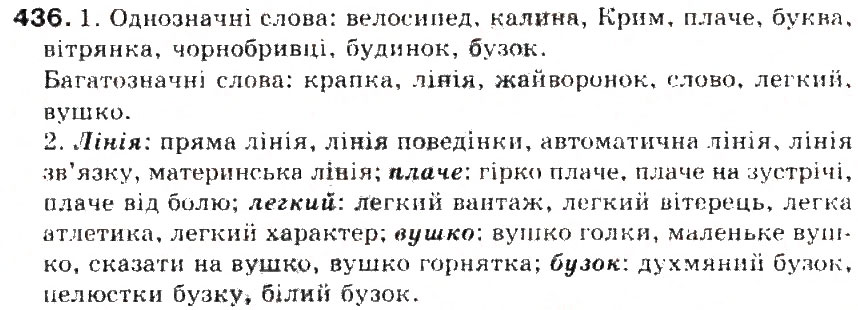 Завдання № 436 - § 46. Лексичне значення слова. Однозначні та багатозначні слова - ГДЗ Українська мова 5 клас С.Я. Єрмоленко, В.Т. Сичова 2013