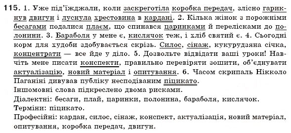 Завдання № 115 - § 7. Групи слів за вживанням. Загальновживані слова та стилістично забарвлені слова. Діалектні, професійні слова й терміни - ГДЗ Українська мова 6 клас О.П. Глазова, Ю.Б. Кузнецов 2006