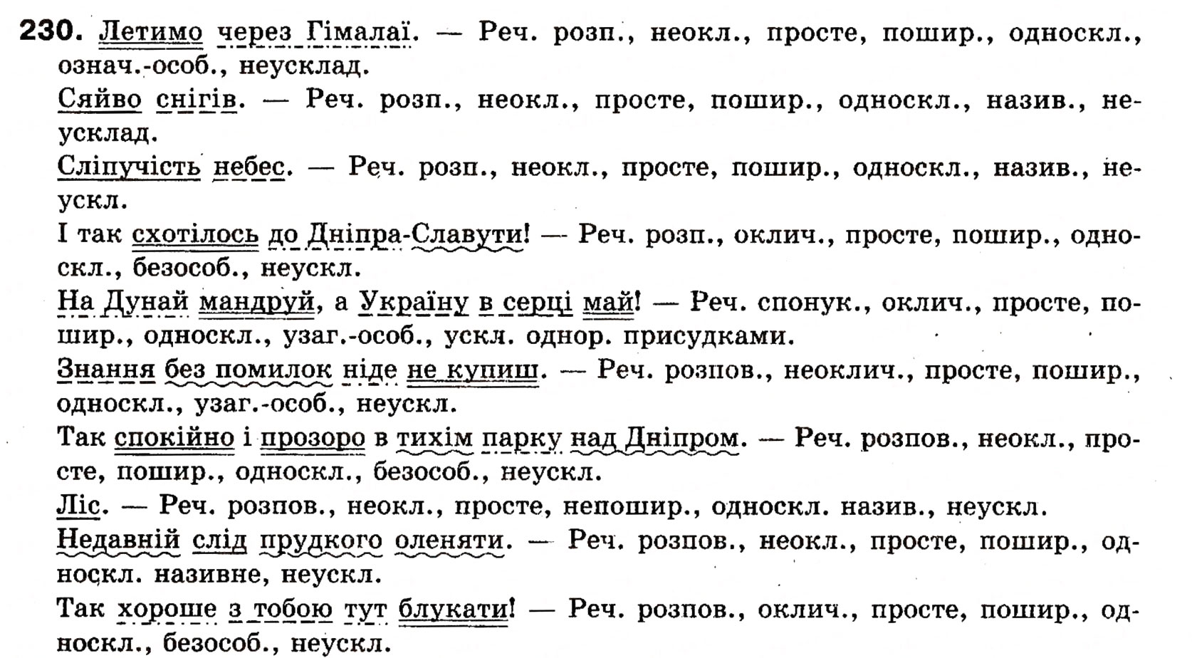 Завдання № 230 - § 19. Односкладні прості речення з головним членом у формі підмета: називні речення - ГДЗ Українська мова 8 клас О.П. Глазова, Ю.Б. Кузнецова 2008