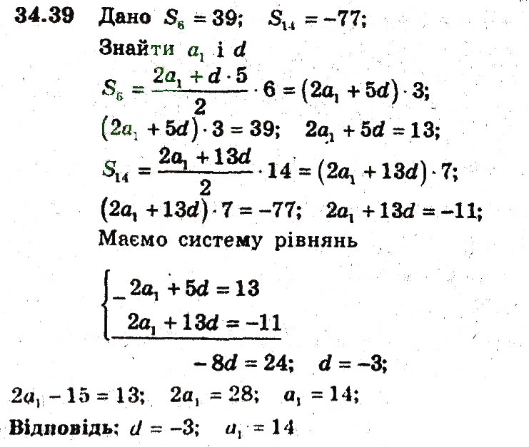 Завдання № 39 - 34. Сума n перших членів арифметичної прогресії - ГДЗ Алгебра 9 клас А.Г. Мерзляк, В.Б. Полонський, М.С. Якір 2009 - Поглиблений рівень вивчення