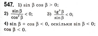 Завдання № 547 - Знаки тригонометричних функцій - ГДЗ Алгебра 10 клас А.Г. Мерзляк, Д.А. Номіровський, В.Б. Полонський, М.С. Якір 2010 - Академічний рівень