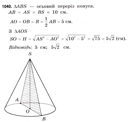 Завдання № 1040 - § 32. Конуси - ГДЗ Математика 11 клас Г.П. Бевз, В.Г. Бевз 2011 - Рівень стандарту