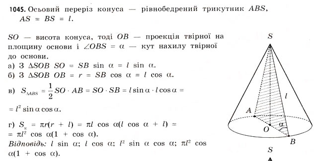 Завдання № 1045 - § 32. Конуси - ГДЗ Математика 11 клас Г.П. Бевз, В.Г. Бевз 2011 - Рівень стандарту