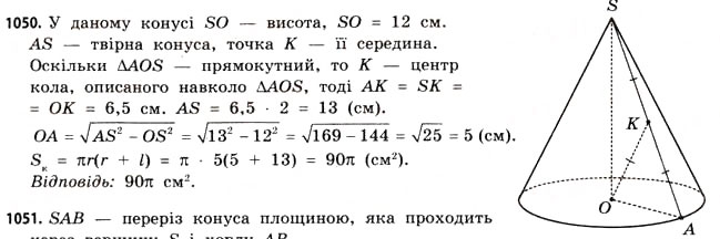 Завдання № 1050 - § 32. Конуси - ГДЗ Математика 11 клас Г.П. Бевз, В.Г. Бевз 2011 - Рівень стандарту