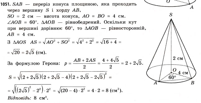 Завдання № 1051 - § 32. Конуси - ГДЗ Математика 11 клас Г.П. Бевз, В.Г. Бевз 2011 - Рівень стандарту