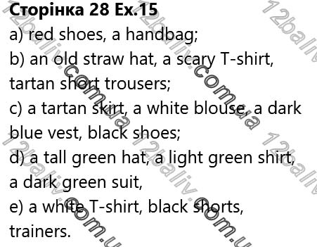 Завдання №  Стр.28 Ex.15 - Unit 2. The Clothes We Wear - ГДЗ Англійська мова 5 клас А. М. Несвіт 2018 - Робочий зошит