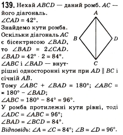 Завдання № 139 - 5. Ромб - ГДЗ Геометрія 8 клас А.Г. Мерзляк, В.Б. Полонський, М.С. Якір 2008