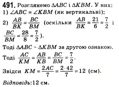 Завдання № 491 - 14. Друга і третя ознаки подібності трикутників - ГДЗ Геометрія 8 клас А.Г. Мерзляк, В.Б. Полонський, М.С. Якір 2008