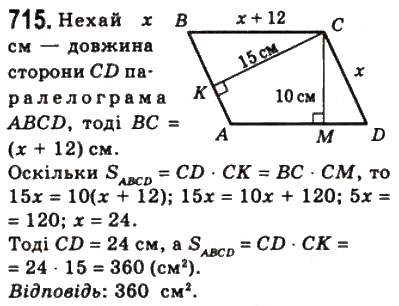 Завдання № 715 - 21. Площа паралелограма - ГДЗ Геометрія 8 клас А.Г. Мерзляк, В.Б. Полонський, М.С. Якір 2008