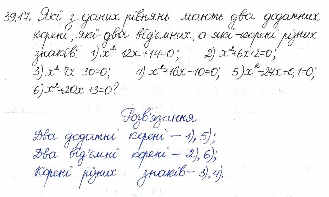 Завдання № 17 - 39. Теорема Вієта - ГДЗ Алгебра 8 клас А.Г. Мерзляк, В.Б. Полонський, M.С. Якір 2016 - Поглиблений рівень вивчення