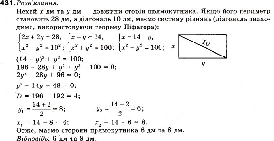 Завдання № 431 - 16. Розв'язування задач за допомогою систем рівнянь - ГДЗ Алгебра 9 клас В.Р. Кравчук, Г.М. Янченко, М.В. Підручна 2009